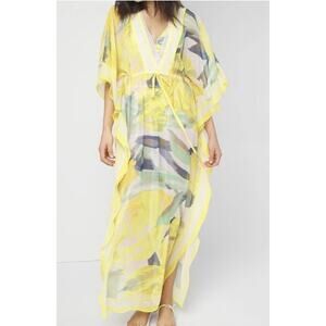 White House Black Market One Size Yellow Floral Sheer Maxi Kaftan Cover Up New